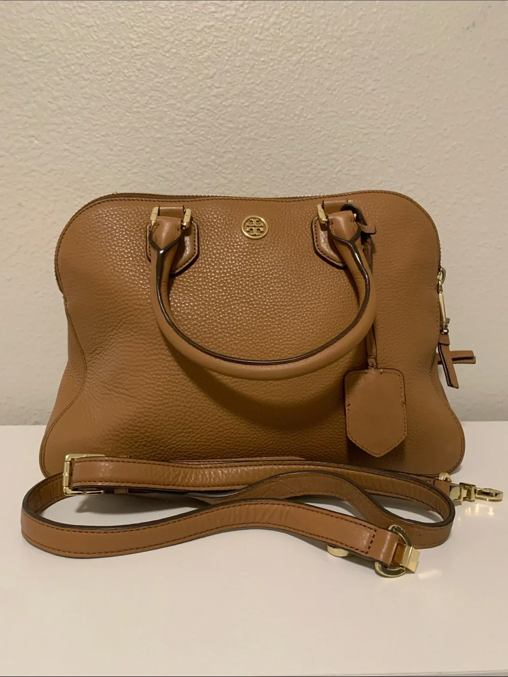 Tory Burch Robinson Camel Brown Pebbled Leather Satchel with Gold Logo